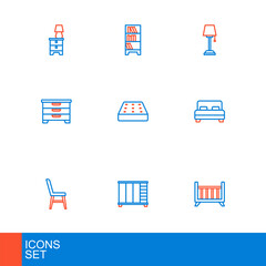 Set line Baby crib cradle bed, Wardrobe, Chair, Big, Chest of drawers, Mattress, Floor lamp and Lamp hanging icon. Vector