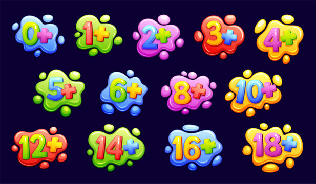 Kids age numbers. Kid ages number information colorful symbol child restricted content television rating, cute numeric sticker plus entertainment label neoteric vector illustration