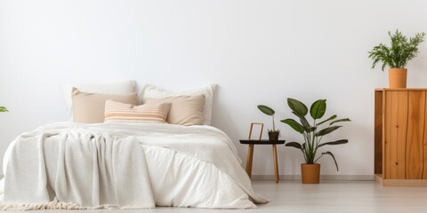 Minimal bedroom with cozy bed, pillows, and blanket by white wall, with lamp next to cabinet and plant in daylight.
