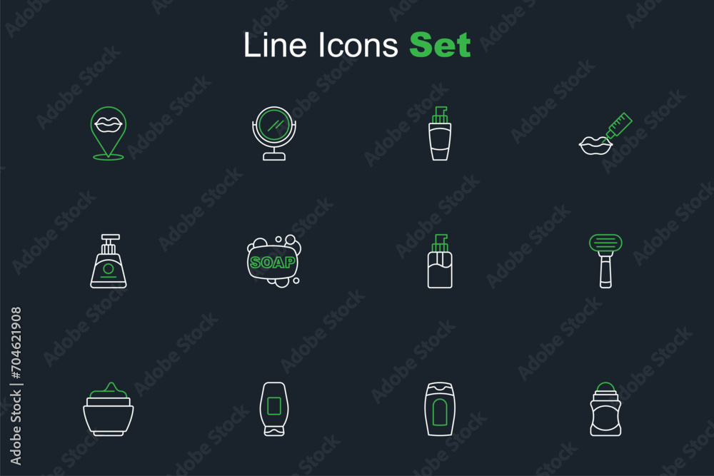 Sticker set line deodorant roll, bottle of shampoo, cream lotion cosmetic tube, shaving razor, liquid soap, 