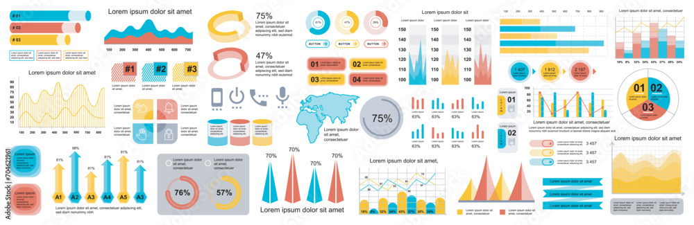 Poster Mega set of infographic elements data visualization vector design template. Can be used for steps, options, business process, workflow, diagram, flowchart, timeline, marketing. Bundle info graphics.