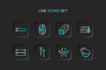 Set line Electric circular saw, Wooden axe, Metallic nails, box, log, beam, Tree rings and Hand icon. Vector