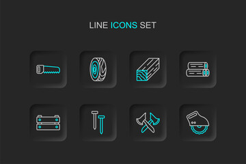 Naklejka premium Set line Electric circular saw, Wooden axe, Metallic nails, box, log, beam, Tree rings and Hand icon. Vector