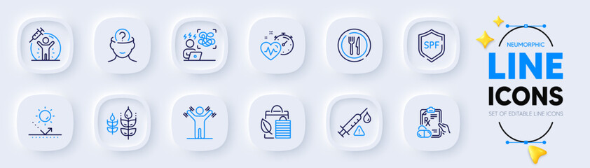 Difficult stress, Psychology and Cardio training line icons for web app. Pack of Sun protection, Prescription drugs, Dumbbells workout pictogram icons. Vaccine attention, Bio shopping. Vector