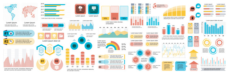 Fototapeta na wymiar Mega set of infographic elements data visualization vector design template. Can be used for steps, options, business process, workflow, diagram, flowchart, timeline, marketing. Bundle info graphics.