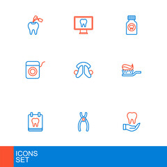Set line Tooth, Dental pliers, Calendar with tooth, Toothbrush toothpaste, floss, plate, Toothache painkiller tablet and Online dental care icon. Vector