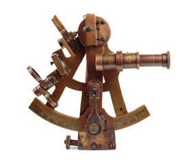 Vintage sextant isolated on white background. Antique marine navigation instrument. Orientation by the stars. 