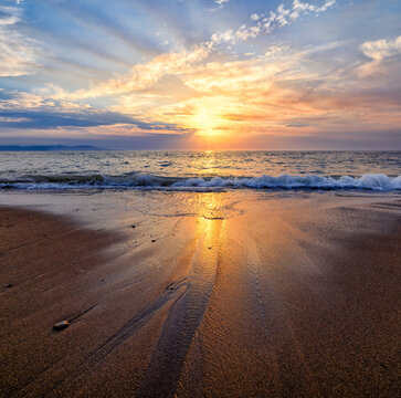 Vertical Beach Sunset Sea Ocean Seascape Seashore Sand Reflection Scenic Sunrise