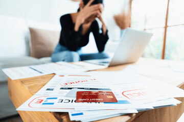 Stressed young woman has financial problems with credit card debt to pay uttermost show concept of bad personal money and mortgage pay management crisis. - obrazy, fototapety, plakaty
