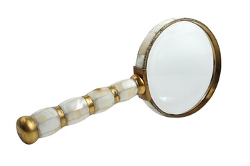Magnifying glass isolated on background. Graceful classic brass magnifier.