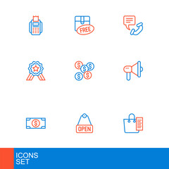 Set line Shopping list, Hanging sign with text Open, Stacks paper money cash, Megaphone, Stars rating, Dollar symbol, Telephone 24 hours support and Cardboard box free icon. Vector