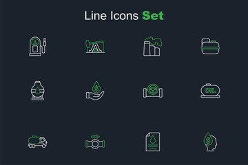 Set line Oil drop with dollar symbol, Contract money and pen, pipe valve, Tanker truck, tank storage, and icon. Vector