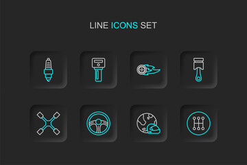 Set line Gear shifter, Racing helmet, steering wheel, Wheel wrench, Engine piston, fire flame, Car key with remote and spark plug icon. Vector