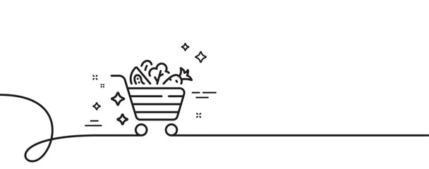Vegetables cart line icon. Continuous one line with curl. Lettuce, carrot with tomato sign. Low calories food symbol. Vegetables cart single outline ribbon. Loop curve pattern. Vector © blankstock