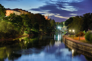 Fototapeta premium View of river in city park in Minsk at evening time