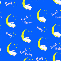 Seamless pattern with toy bunny sleeping on a month with an inscription in English. Plush bunny poster on a children's theme. Crescent moon, toy.