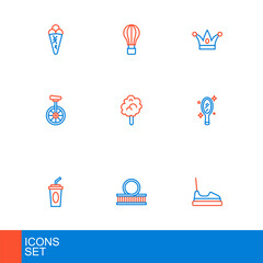 Set line Bumper car, Roller coaster, Paper glass with water, Magic hand mirror, Unicycle, Cotton candy, Jester hat bells and Hot air balloon icon. Vector