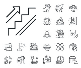 Shopping stairway sign. Plane jet, travel map and baggage claim outline icons. Stairs line icon. Entrance or Exit symbol. Stairs line sign. Car rental, taxi transport icon. Place location. Vector