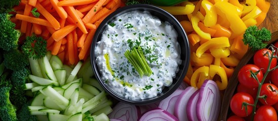 Vegan Vegetable Platter with Onion Dip - obrazy, fototapety, plakaty
