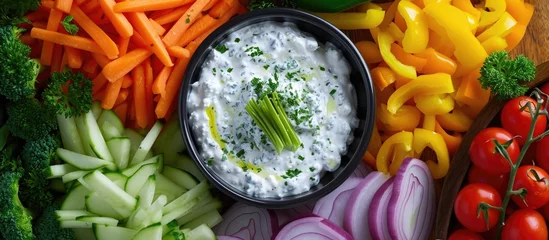 Foto op Aluminium Vegan Vegetable Platter with Onion Dip © TheWaterMeloonProjec