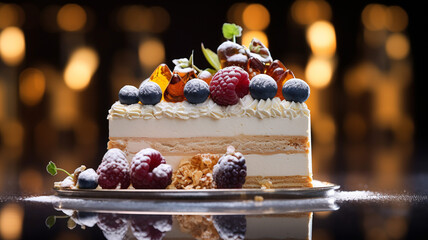 delicious piece of wedding cake with berries - obrazy, fototapety, plakaty