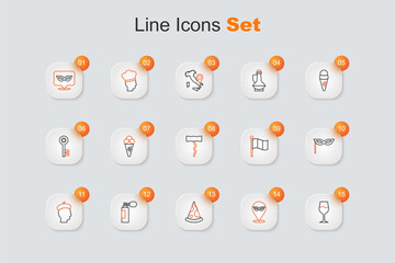 Set line Wine glass, Carnival mask, Slice of pizza, Perfume, French man, Flag Italy and corkscrew icon. Vector