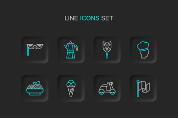 Set line Flag Italy, Scooter, Ice cream in waffle, Pasta spaghetti, Italian cook, Carnival mask, Coffee maker moca pot and icon. Vector