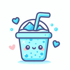 Cute blue kawaii smoothie cup with ice cubes, hearts, and straw, drink, Vector illustration. generative ai