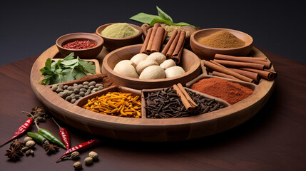 Fototapeta na wymiar various Indian spices and seasonings on wooden tray