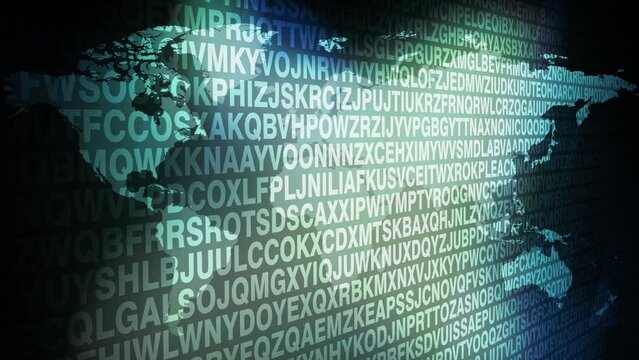 Alphabet letters create shifting typography pattern on contemporary world map, forming chaotic and creative abstract text, representing unpredictable language of encrypted messages