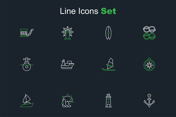 Set line Anchor, Lighthouse, Tsunami, Yacht sailboat, Compass, Windsurfing, Cargo ship and Submarine icon. Vector