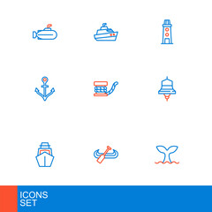 Set line Whale tail, Kayak and paddle, Yacht sailboat, Ship bell, Anchor, Marine bollard with rope, Lighthouse and Speedboat icon. Vector