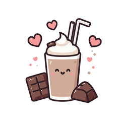Cute happy milkshake with chocolate bars,  whipped cream, and hearts, Vector illustration, generative ai
