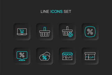 Fototapeta premium Set line Market store, Discount percent tag, Add Shopping basket, and cart on screen laptop icon. Vector