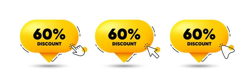 60 percent discount tag. Click here buttons. Sale offer price sign. Special offer symbol. Discount speech bubble chat message. Talk box infographics. Vector