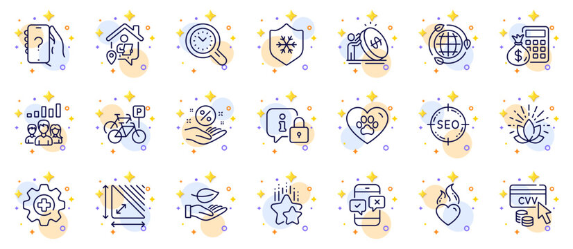 Outline set of Lock, Ask question and Time management line icons for web app. Include Inflation, Teamwork results, Ranking stars pictogram icons. Clean skin, Heart flame, Cvv code signs. Vector
