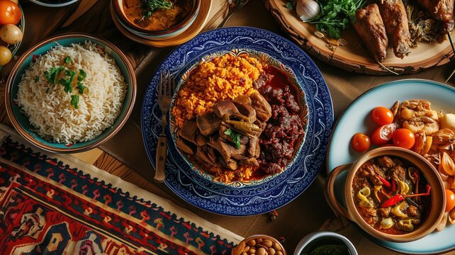 Arabic Cuisine: Middle Eastern traditional lunch. It's also Ramadan Iftar. The meal eaten by Muslims after sunset during Ramadan. Assorted of Arabic oriental dishes. top view with close up.