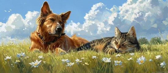 Canine and feline resting in field.