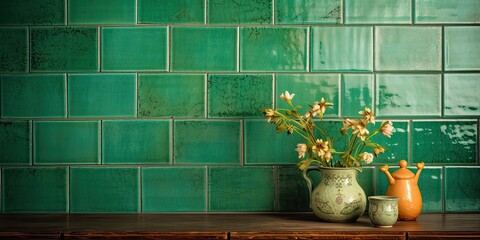 Vintage green ceramic tiles to decorate the kitchen or bathroom. - Powered by Adobe