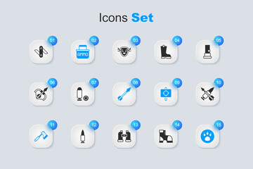 Set Hunter boots, Bullet, Ammunition box, Wooden axe, Paw search, Crossed bullet with arrow, Swiss army knife and Medieval icon. Vector
