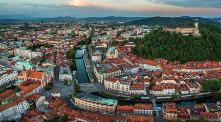 Ljubljana, Slovenia - Aerial panoramic view of Ljubljana on a summer afternoon with Franciscan Church of the Annunciation, Ljubljana Castle, Ljubljana Cathedral and skyline of the capital of Slovenia