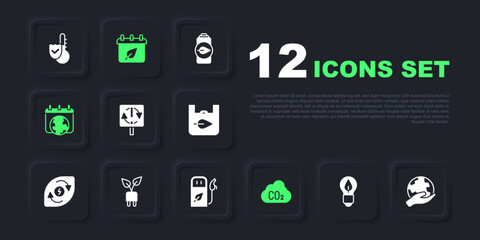 Set Light bulb with leaf, Hand holding Earth globe, Recycle symbol, CO2 emissions cloud, World day, Electric saving plug, Calendar autumn leaves and Petrol gas station icon. Vector