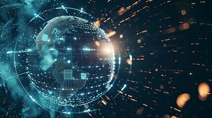 Cyber Globe: Illuminated Data Streams Encircling Earth