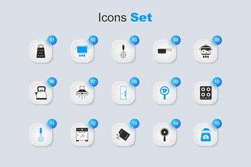 Set Frying pan, Kitchen extractor fan, Cooking pot on fire, Spatula, Scales, Gas stove, Grater and Refrigerator icon. Vector