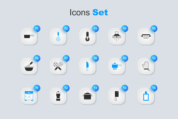 Set Meat chopper, Spatula, Oven, Cutting board, glove, Frying pan and Knife icon. Vector