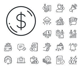 Fototapeta premium Usd currency sign. Cash money, loan and mortgage outline icons. Dollar money line icon. Cash coin symbol. Dollar money line sign. Credit card, crypto wallet icon. Inflation, job salary. Vector