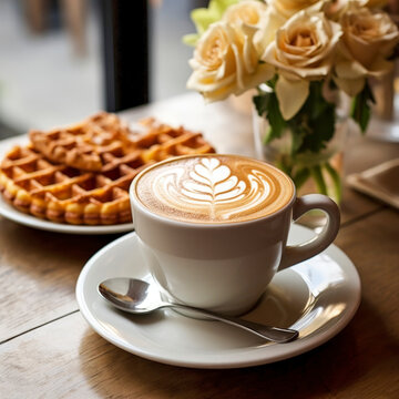 Cup of cappuccino coffee and Viennese waffles on background of bouquet of beige roses in cozy city cafe. Delicious light dessert for breakfast. Spring morning mood. Close-up. Copy space.