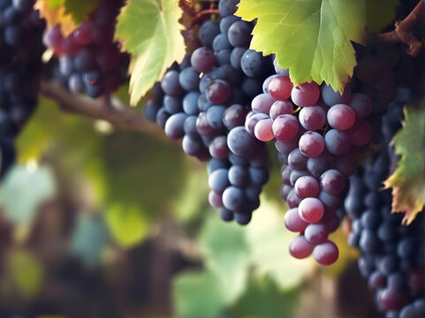 Horizontal blur wallpaper with group of grapes. Detailed image violet grape.