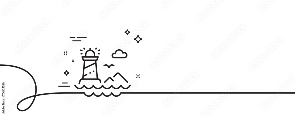Poster lighthouse line icon. continuous one line with curl. beacon tower sign. searchlight building symbol.