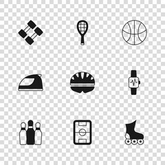 Obraz premium Set Football field, Smart watch with heart, Roller skate, Bicycle helmet, Basketball, Dumbbell, Tennis racket and Racing icon. Vector